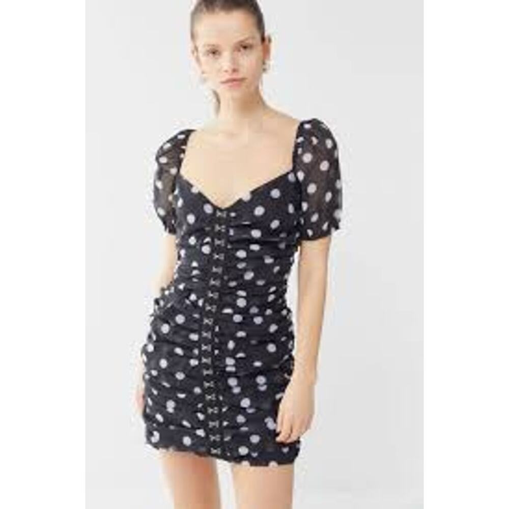 URBAN OUTFITTERS Puff Sleeve Polka Dot Mini Dress Small S Black White